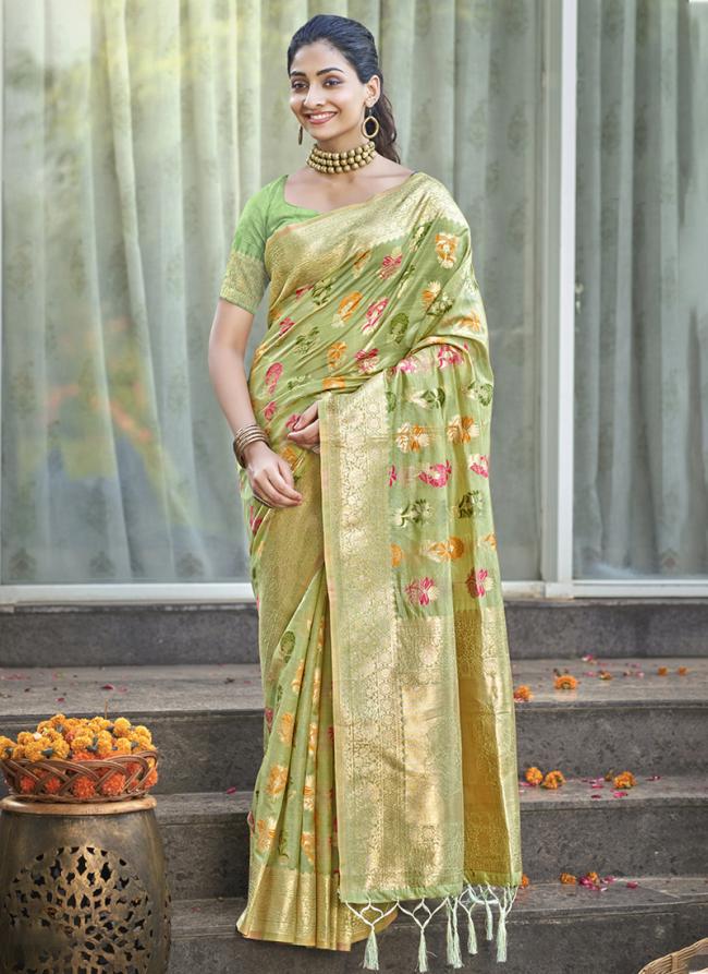 Organza Parrot Green Traditional Wear Weaving Saree